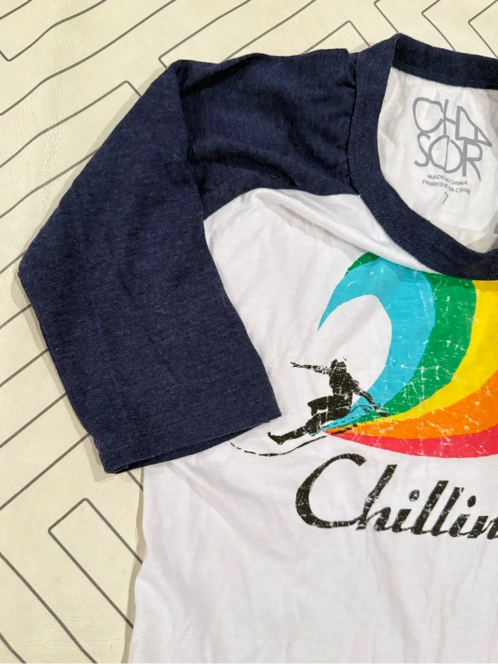 Chaser Chillin Raglan Tee in Navy & White with Rainbow Wave